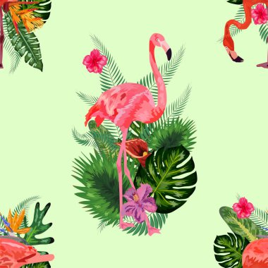 Flamingo ve avuç içlerinin yaz arkaplanı. Tropikal deniz