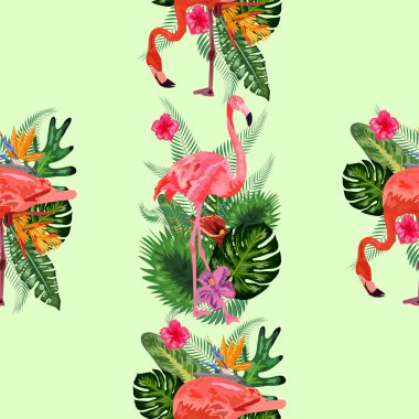 Flamingo ve avuç içlerinin yaz arkaplanı. Tropikal deniz