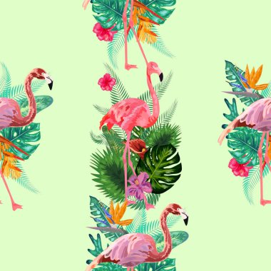 Pembe flamingolar, egzotik kuşlar, tropikal palmiye yaprakları, ağaçlar, orman!
