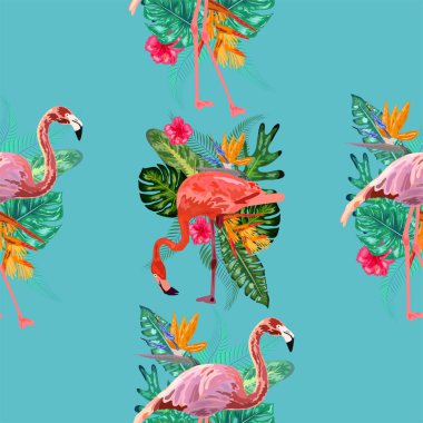 Pembe flamingolar, egzotik kuşlar, tropikal palmiye yaprakları, ağaçlar, orman!