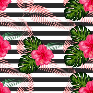 Arkaplanda fırça desenli kusursuz tropikal çiçekler