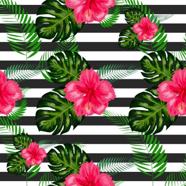 Arkaplanda fırça desenli kusursuz tropikal çiçekler