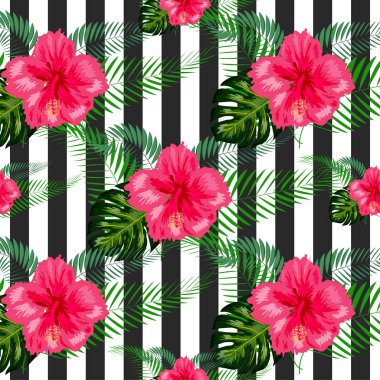 Arkaplanda fırça desenli kusursuz tropikal çiçekler