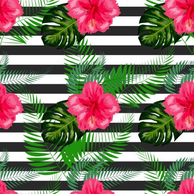 Arka planda tropik çiçekler ve palmiye yaprakları. Kusursuz desen