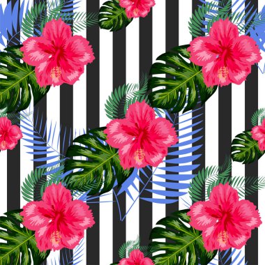 Arka planda tropik çiçekler ve palmiye yaprakları. Kusursuz desen