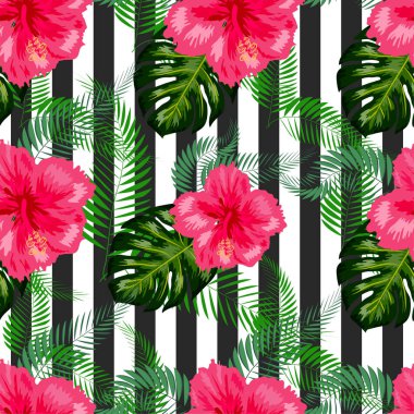 Arka planda tropik çiçekler ve palmiye yaprakları. Kusursuz desen