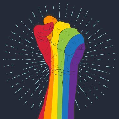 Yumruğu havada gökkuşağı renkli bir el. Gay Gururu. Lgbt conc