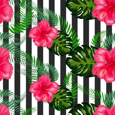 Tropikal desen. Dizaynınız için tropik çiçekler ve yapraklar. Merhaba.