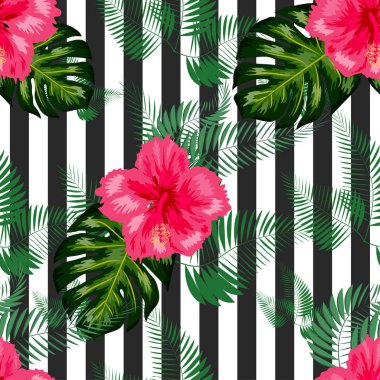 Tropikal desen. Dizaynınız için tropik çiçekler ve yapraklar. Merhaba.