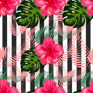 Tropikal desen. Dizaynınız için tropik çiçekler ve yapraklar. Merhaba.