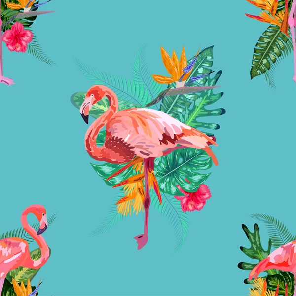 Söta pastellmönster med flamingos, monstera och palmblad. ingen — Stock vektor
