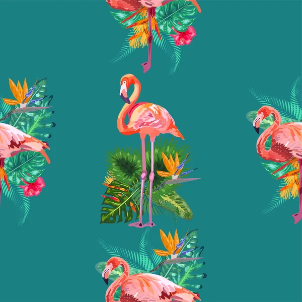 Trópusi madár rózsaszín flamingó és virágok hibiszkusz, frangipani, vagy — Stock Vector