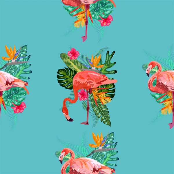 Птичий розовый фламинго и цветки гибискуса, франжипани или — стоковый вектор
