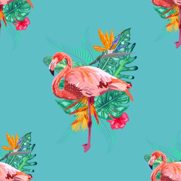 Flamenco rosa pájaro tropical y flores hibisco, frangipani, o — Vector de stock
