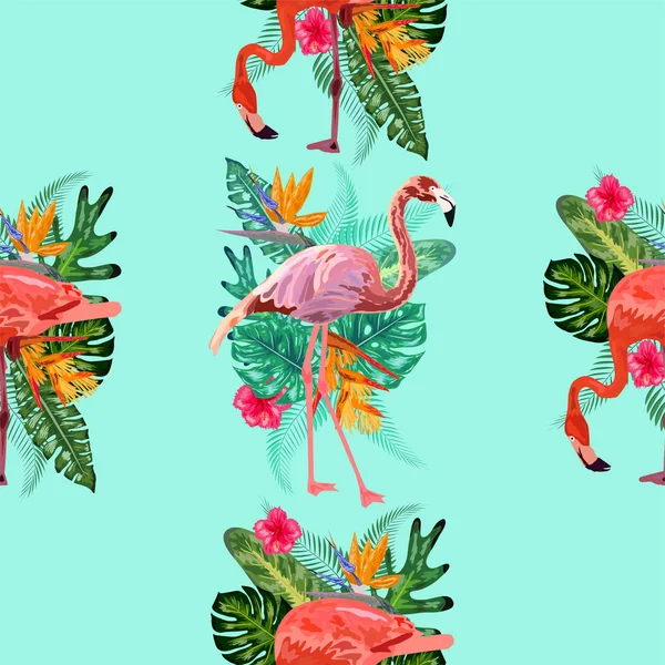 Sommer Hintergrund von handgezeichneten Flamingo und Palmen. tropisches Meer — Stockvektor