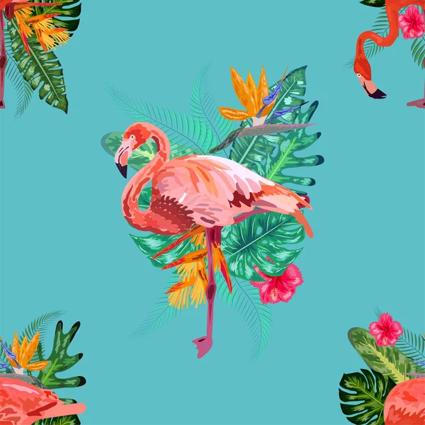 Летний фон ручной работы фламинго и пальм. Тропическое море — стоковый вектор