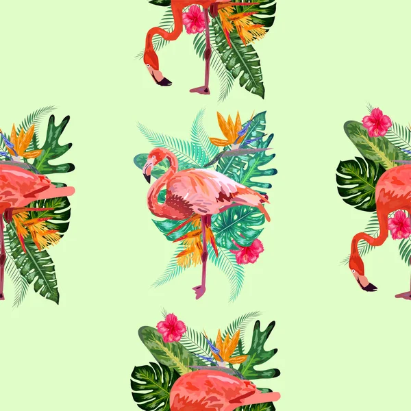 Fundo de verão de flamingo desenhado à mão e palmas. Mar tropical —  Vetores de Stock
