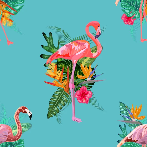 Flamencos rosados, aves exóticas, hojas de palmeras tropicales, árboles, jungl — Vector de stock