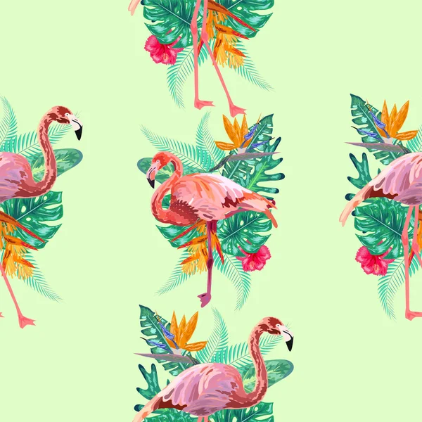 Розовые фламинго, экзотические птицы, тропические пальмы, деревья, джунгли — стоковый вектор