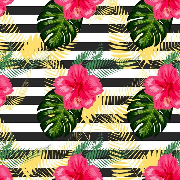 Fleurs tropicales sans couture avec fond motif rayures brosse — Image vectorielle