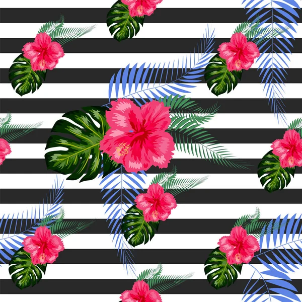 Imprimer été exotique jungle plante tropicale feuilles de palmier et fleur — Image vectorielle