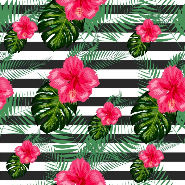 Flores tropicales sin costuras con fondo de patrón de rayas de pincel — Vector de stock