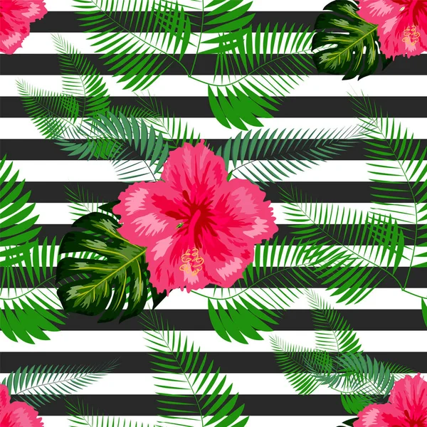 Imprimir verão exótico selva planta tropical folhas de palma e flor —  Vetores de Stock