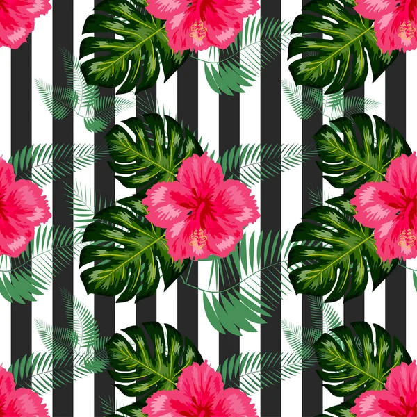 Nahtlose tropische Blumen mit Pinselstreifen-Muster Hintergrund — Stockvektor