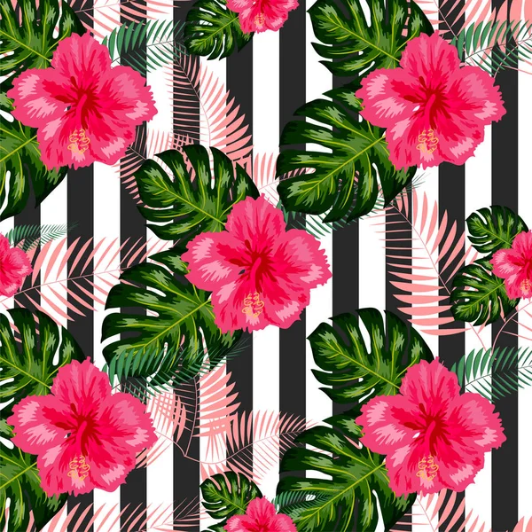 Print zomer exotische jungle plant tropische palmbladeren en bloem — Stockvector