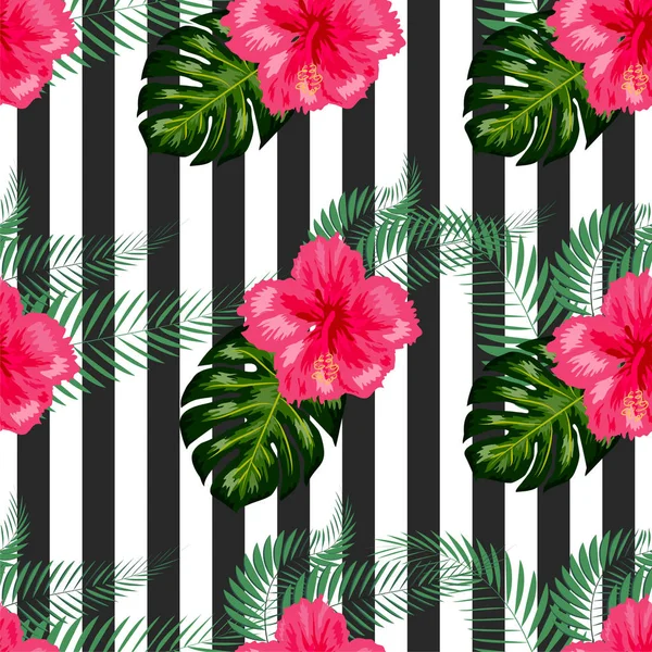 Print summer exotic jungle plant tropical palm leaves and flower — 스톡 벡터