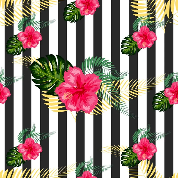 Fleurs tropicales sans couture avec fond motif rayures brosse — Image vectorielle