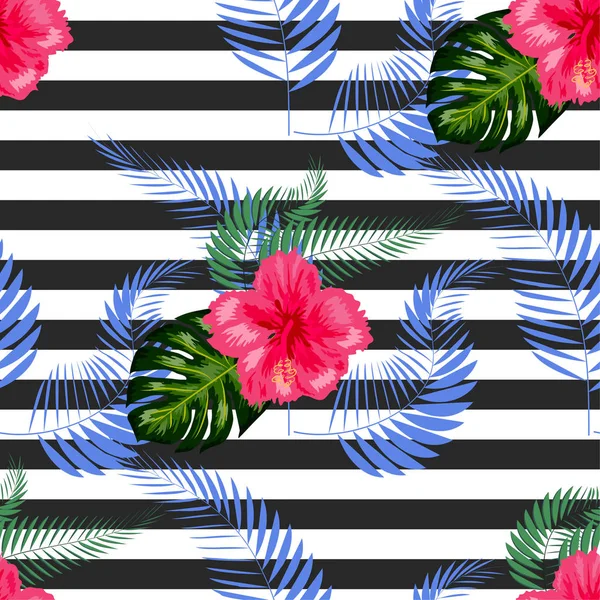 Modèle exotique sans couture avec des feuilles tropicales et des fleurs sur un wh — Image vectorielle
