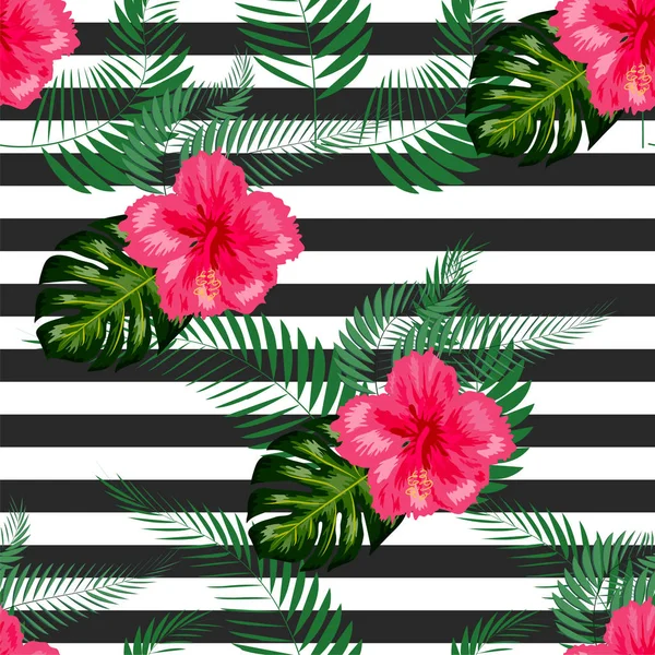 Fleurs tropicales et feuilles de palmier sur fond. Modèle sans couture — Image vectorielle