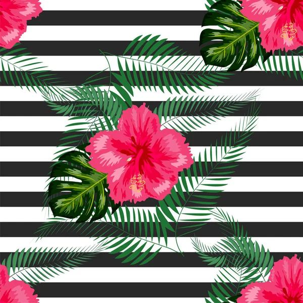 Tropische Blumen und Palmblätter auf dem Hintergrund. Nahtloses Muster — Stockvektor