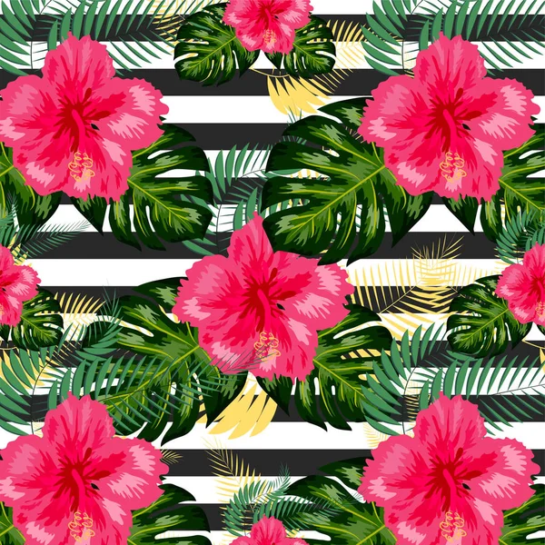 Flores tropicales y hojas de palma sobre fondo. Patrón sin costura — Vector de stock