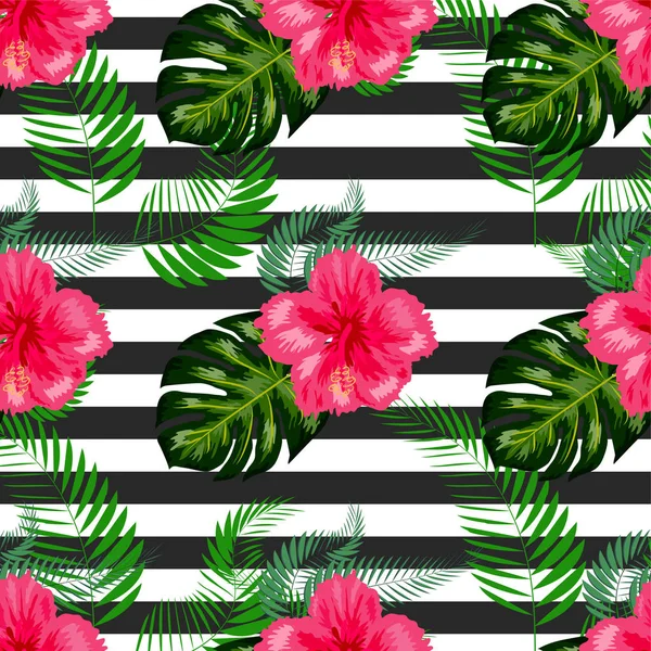 Seamless exotic pattern with tropical leaves and flowers on a wh — 스톡 벡터