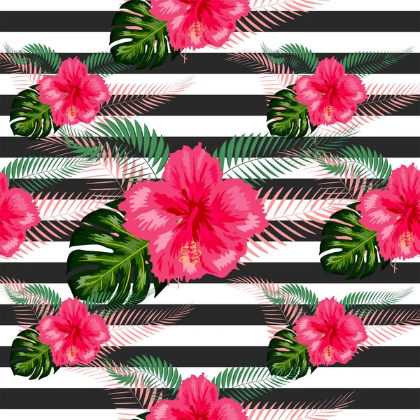 Seamless exotic pattern with tropical leaves and flowers on a wh — 스톡 벡터