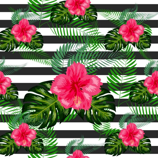 Tropikalne kwiaty i liście palmy na tle. Płynny wzór — Wektor stockowy
