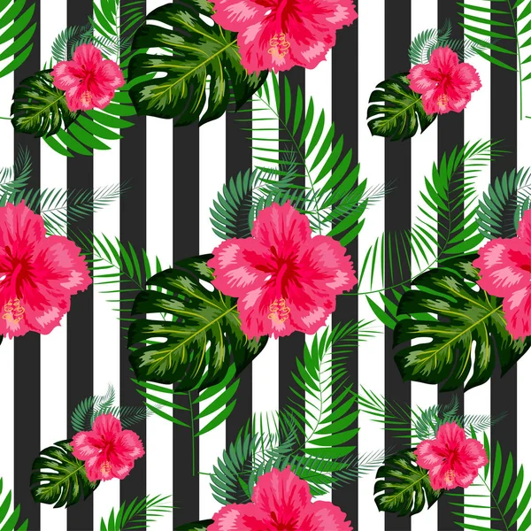 Naadloos exotisch patroon met tropische bladeren en bloemen op een wh — Stockvector