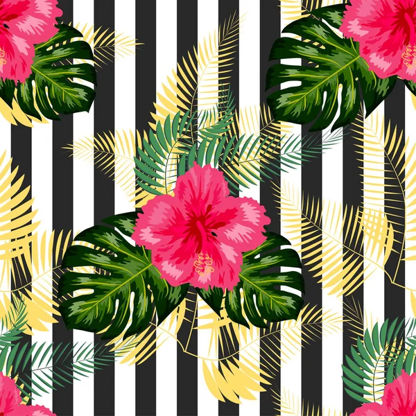 Tropische Blumen und Palmblätter auf dem Hintergrund. Nahtloses Muster — Stockvektor