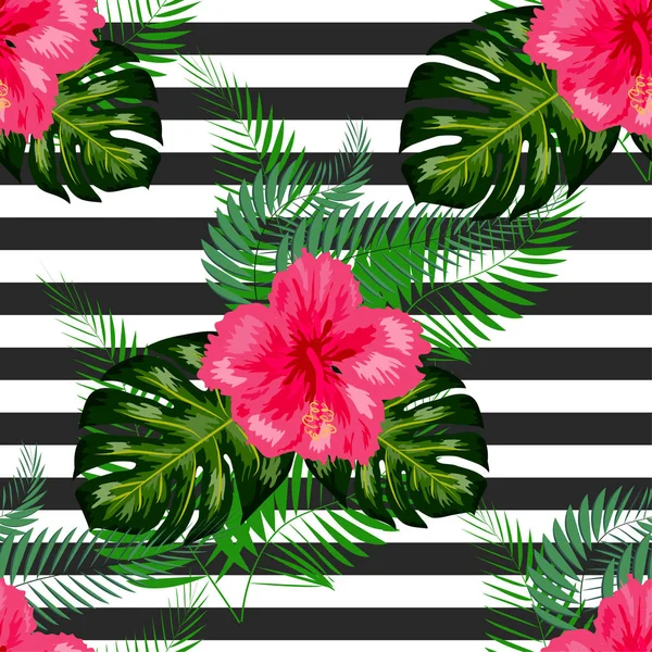 Tropikalne ilustracja monstera rośliny liście hibiscus se kwiaty — Wektor stockowy