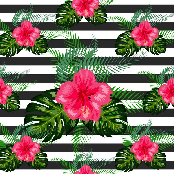 Patrón tropical. Flores tropicales y hojas para su diseño. H — Archivo Imágenes Vectoriales