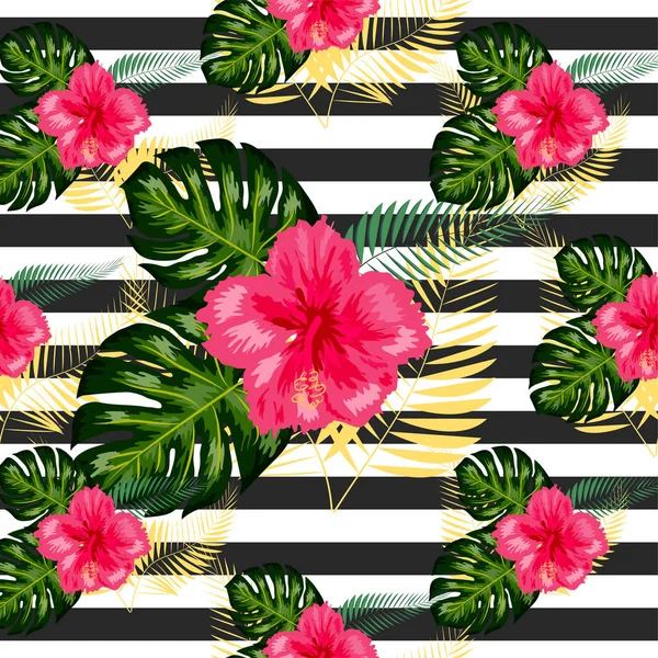 Patrón tropical. Flores tropicales y hojas para su diseño. H — Archivo Imágenes Vectoriales