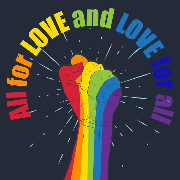 Rainbow colored hand with a fist raised up. Gay Pride. LGBT conc — Stock vektor