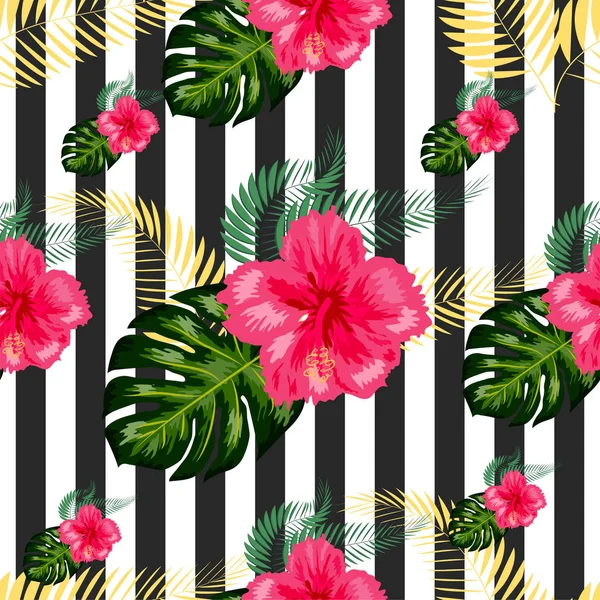 Patrón tropical. Flores tropicales y hojas para su diseño. H — Archivo Imágenes Vectoriales