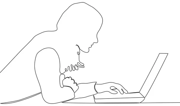 Continu lijntekening van vrouw zitten met laptop computer. — Stockvector