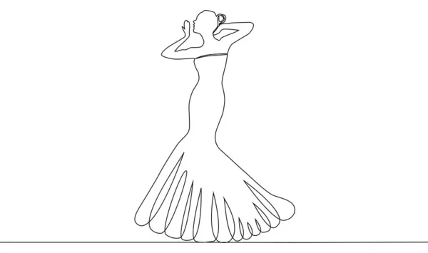 Continuous single one drawn line women in evening dress costume. — 스톡 벡터