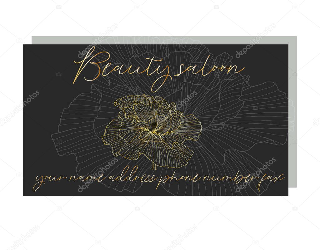 Business card for a beauty salon with golden poppies, stylish design. Business Luxury card. Modern Abstract design with poppy flowers decor. Place for texts
