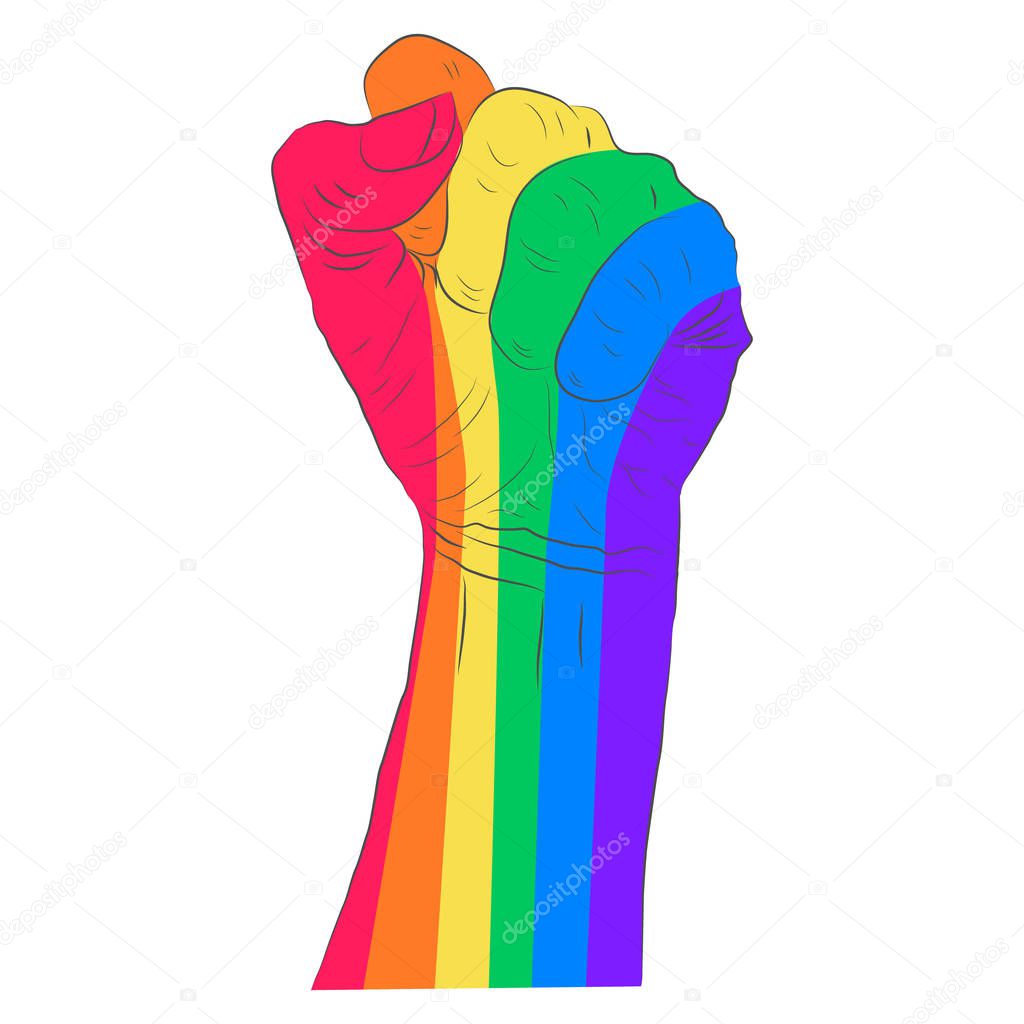 Rainbow colored hand with a fist raised up. Gay Pride. LGBT conc
