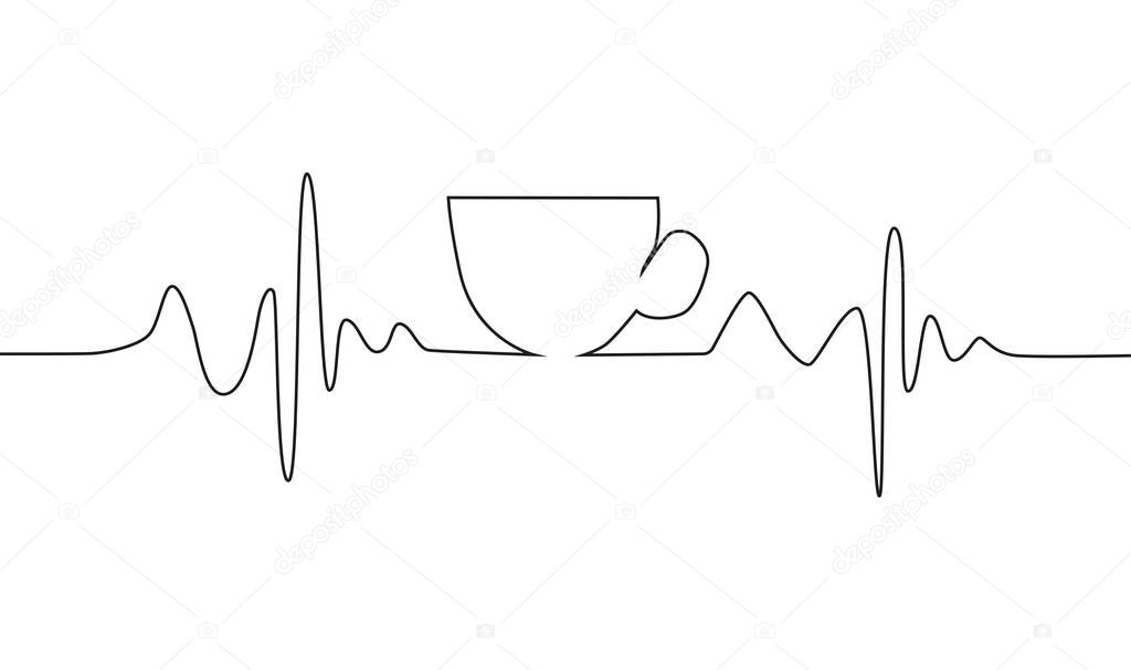 Coffee cup on cardiogram, illustration on white background.